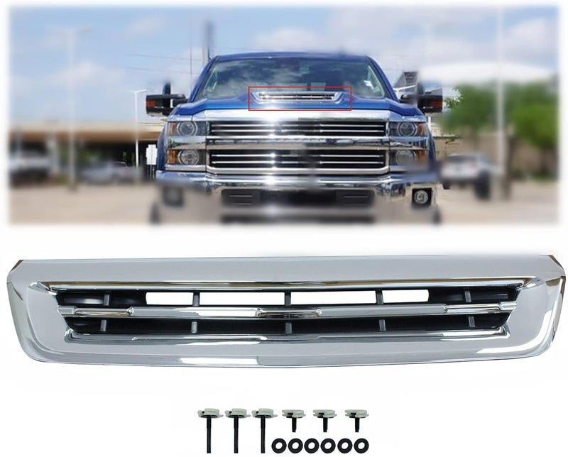 LOSTAR Front Upper Bumper Cover Grille & Skid Plate Primed Fit for 2017-2019 Silverado 2500 HD 3500 HD, Chrome Hood Ornamentation Vent Grille - Image 1